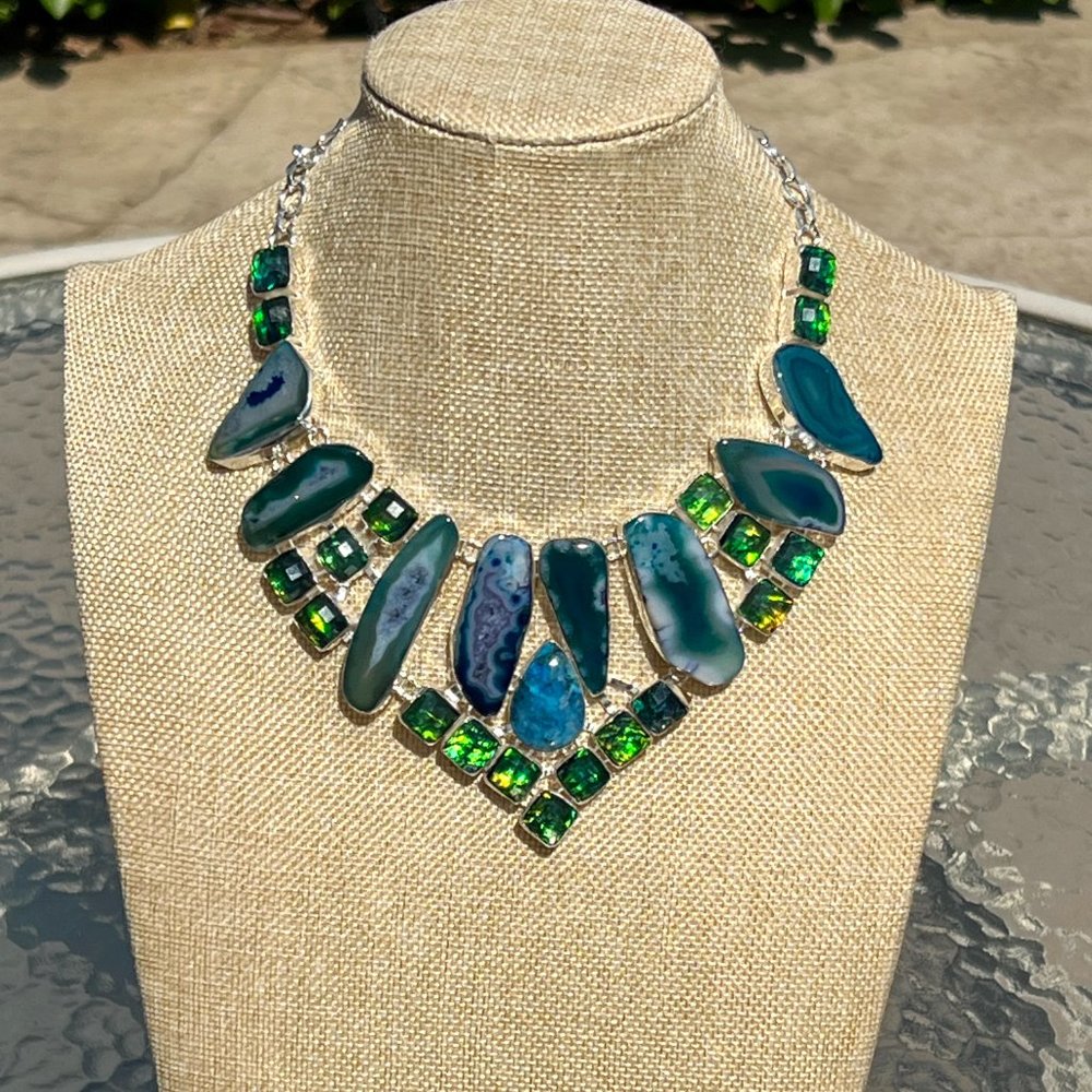Solar Agate Necklace Triplet Opal Ocean Blue Large Handmade 925 Silver Boho New! - Picture 11 of 16
